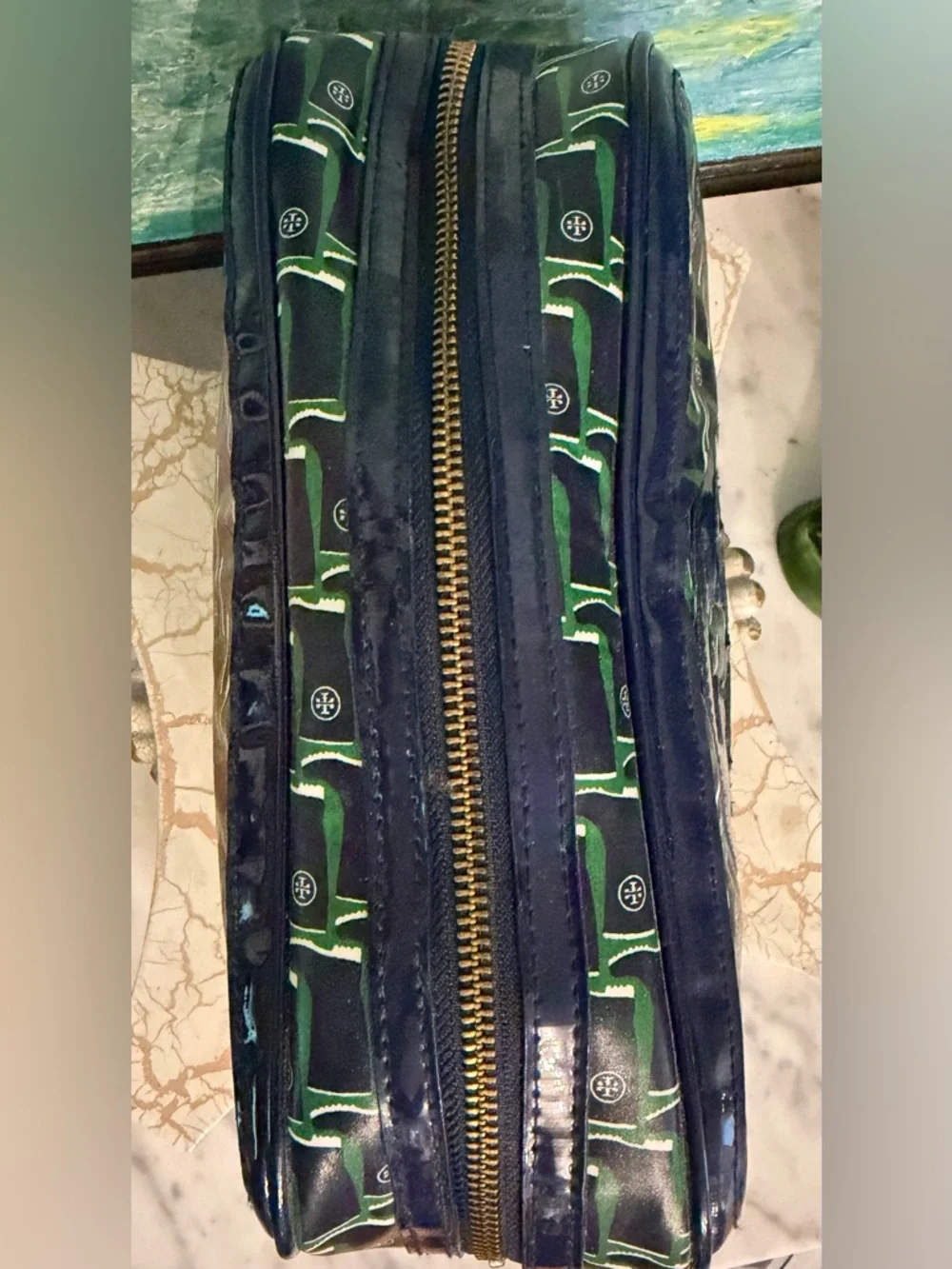 Tory Burch Large Blue and Green Logo Cosmetic